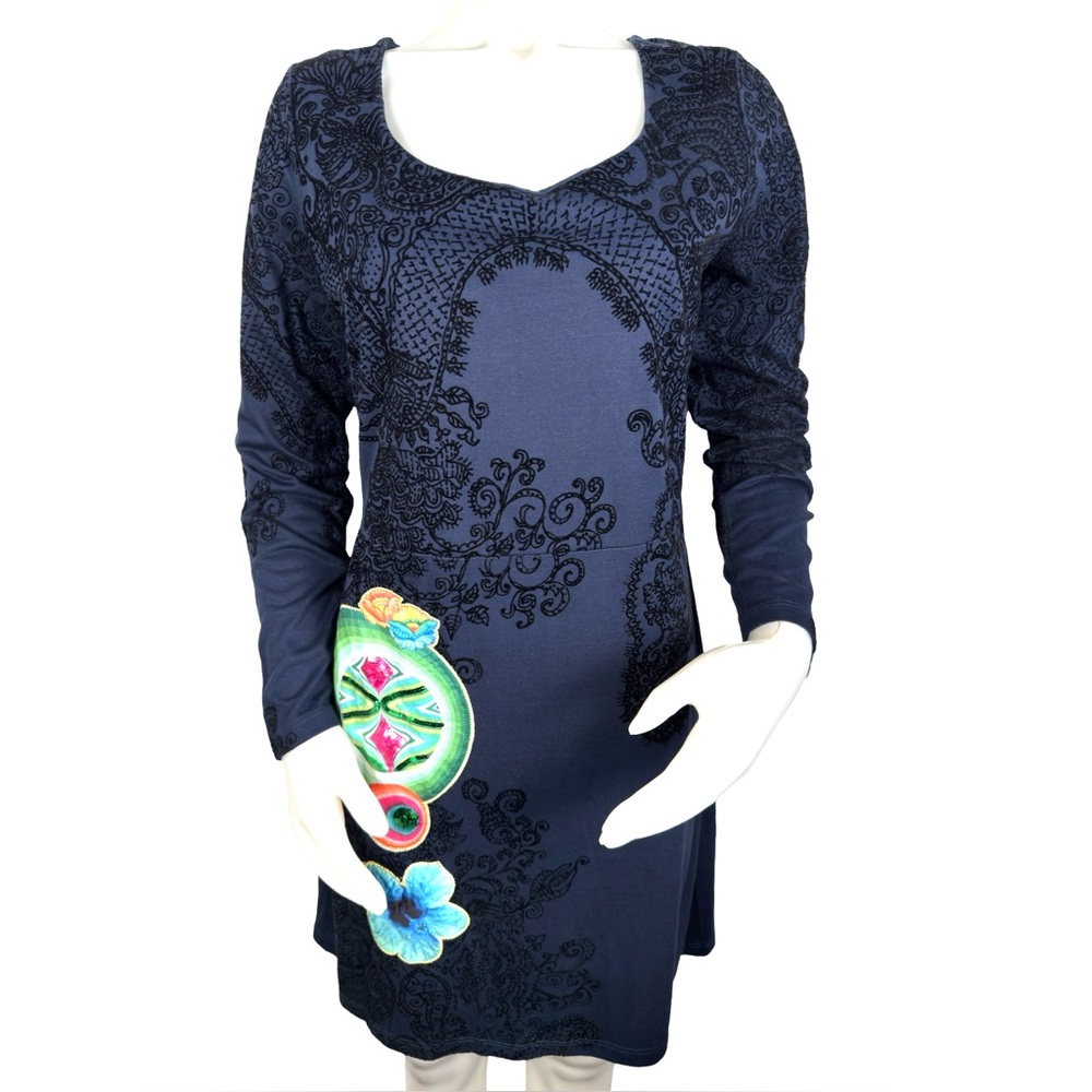 Desigual Blue Black Lace Mandala Floral Print Dress Size XL